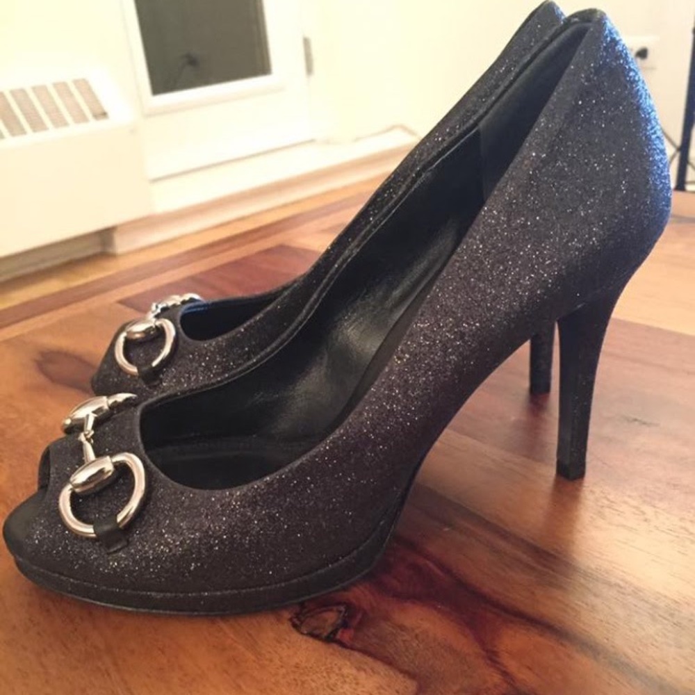 Gucci Hollywood Black Glitter Mid-Heel Peep toe